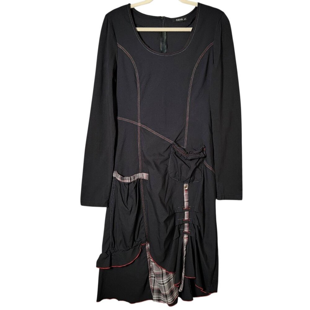 Nexx Womens Black Plaid Goth Grunge Skater Artsy Back Tie Dress Pockets Size 44
